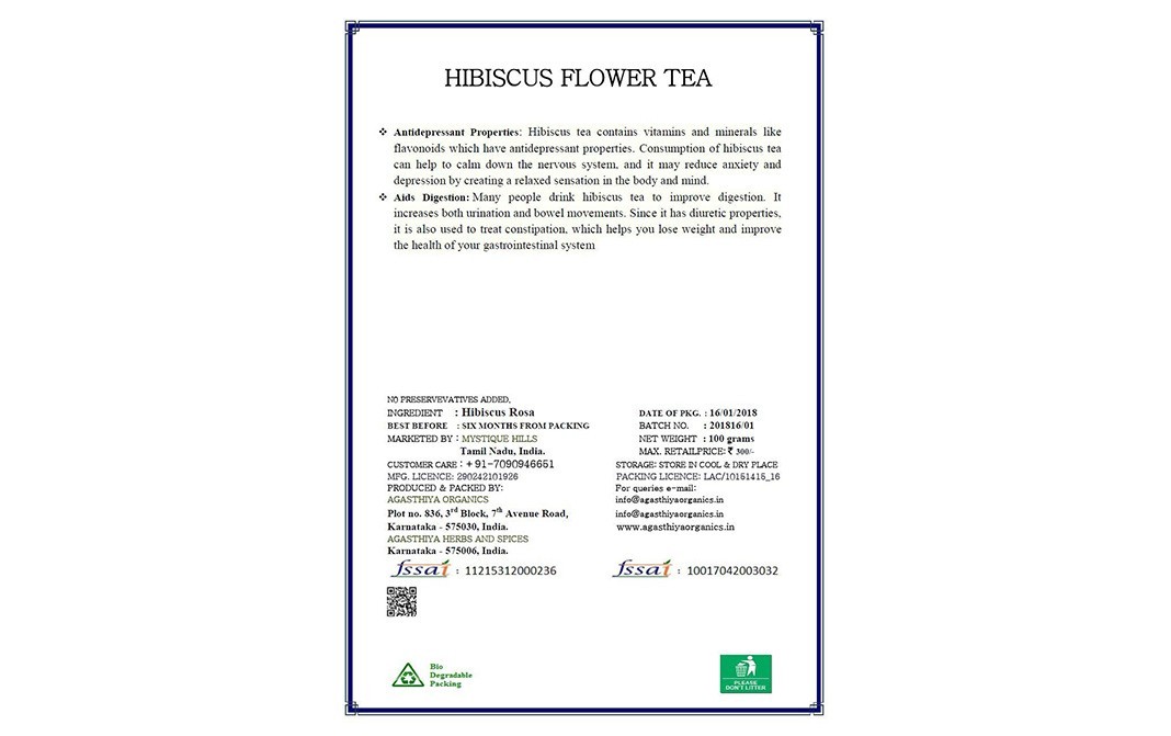 Mystique Hills Organic Hibiscus Flower Tea   Box  100 grams